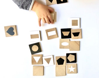 Wooden Memory Game in Shapes- children's game- organic paint and untreated wood