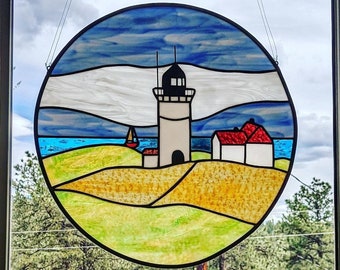 Gorgeous Stained Glass 20" Round Window of Race Point Lighthouse Cape Cod | Beach Nautical Window