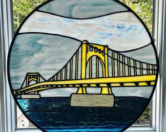 Magnificent Stained Glass 20" Round Window of Roberto Clemente Bridge Pittsburgh Pennsylvania