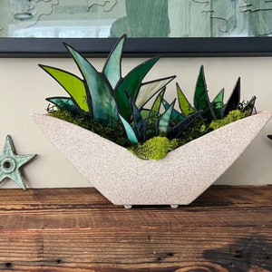 Gorgeous Mid-Century Modern Stained Glass Agave Potted Plants in Retro 1950s Shawnee White Speckled Planter Centerpiece image 4