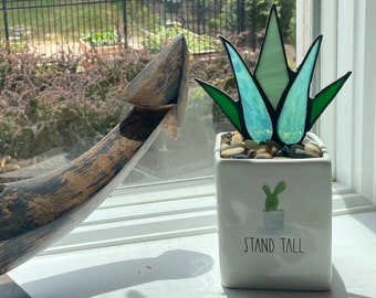 Modern Stained Glass Agave Aloe Plant in "Stand Tall" Porcelain Planter | Stain Glass Succulent