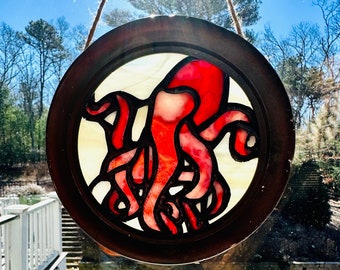 Unique Miniature Stained Glass Round Nautical Octopus Porthole Window Wall Hanging Art | Vintage Brass Porthole