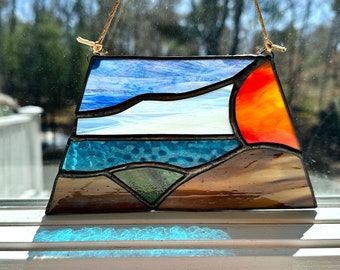 Stained Glass Trapezoid Sunset Mountain Ocean Scenic View Suncatcher