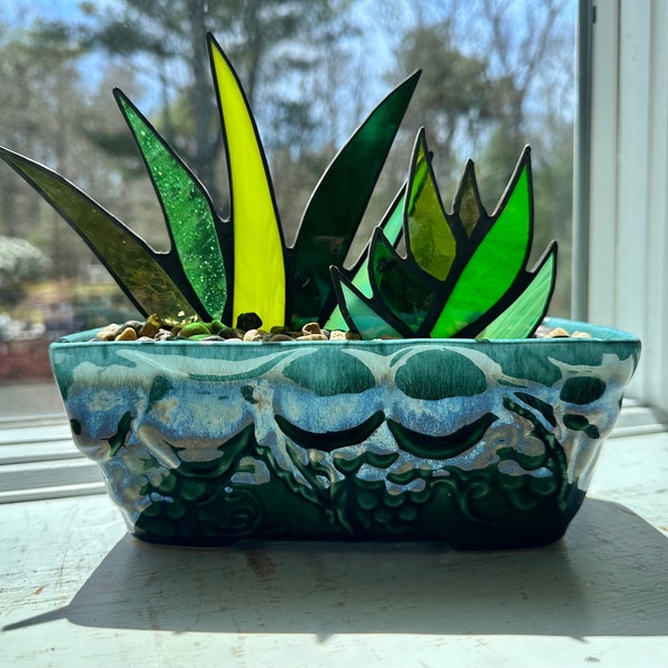 Stunning Stained Glass Agave Potted Plant in Retro 1950s Mid Century Modern Growing Grapes Hull Pottery Planter