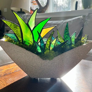 Gorgeous Mid-Century Modern Stained Glass Agave Potted Plants in Retro 1950s Shawnee White Speckled Planter Centerpiece image 2