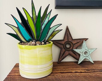 Cute Modern Stained Glass Agave Aloe Potted Plant in Handmade Chartreuse Round Pottery Planter Pot