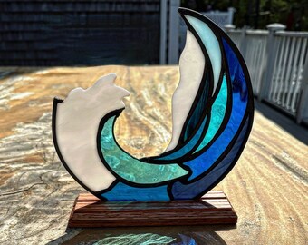 Gorgeous Art Glass Wave Sculpture in Wooden Base | Sculpture Nautical Glass Art Piece