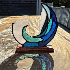 Gorgeous Art Glass Wave Sculpture in Wooden Base Sculpture Nautical Glass Art Piece image 1