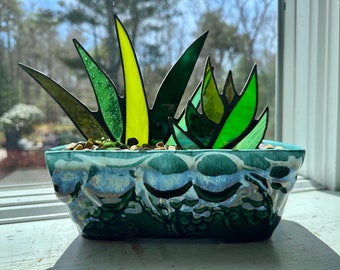 Stunning Stained Glass Agave Potted Plant in Retro 1950s Mid Century Modern Growing Grapes Hull Pottery Planter