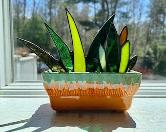 Brilliant Mid-Century Modern Stained Glass Agave Potted Plants in Retro 1950s Orange Drip Glaze Pottery Planter