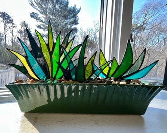 Beautiful Stained Glass Agave Aloe Potted Plant in Vintage Jade Green Ribbed Planter Pot Centerpiece