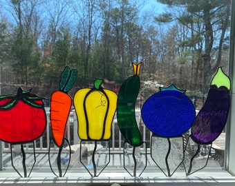 Whimsical Stained Glass Rainbow Vegetable Garden Picks | Tomato Carrot Pepper Cucumber Blueberry Eggplant
