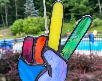 Stained Glass Peace Symbol Hand Sign | Peace Love & Equality | 2 Colors Rainbow + Blue! Supports LGBTQ+