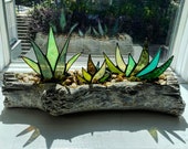 Stained Glass Aloe Agave Plants in 12 quot Log Centerpiece Planter Unique Decor