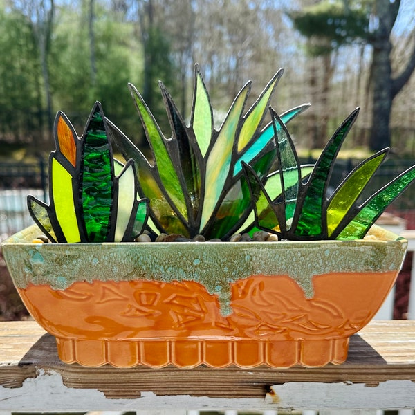 Stunning Mid-Century Modern Stained Glass Agave Potted Plants in 1950s Orange Drip Glaze Hombre Planter