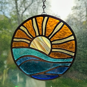 Brilliant Stained Glass Sunset on Ocean Suncatcher Nautical Sunset Waves on Beach Ray of Light image 6