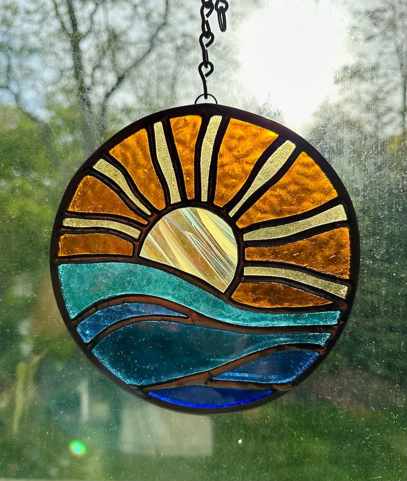 Brilliant Stained Glass Sunset on Ocean Suncatcher Nautical Sunset Waves on Beach Ray of Light image 6