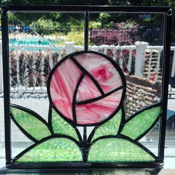 Stained Glass Art Deco Rose Floral Pink Window C Etsy