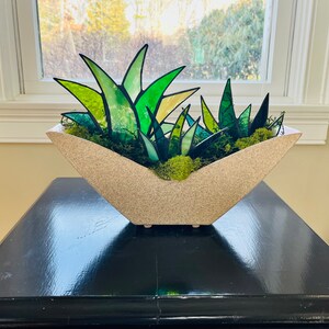 Gorgeous Mid-Century Modern Stained Glass Agave Potted Plants in Retro 1950s Shawnee White Speckled Planter Centerpiece image 5