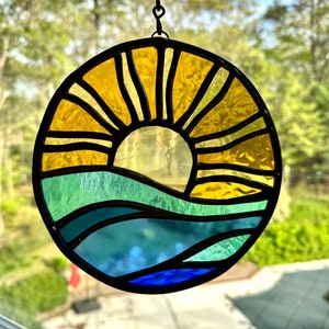 Brilliant Stained Glass Sunset on Ocean Suncatcher Nautical Sunset Waves on Beach Ray of Light image 3