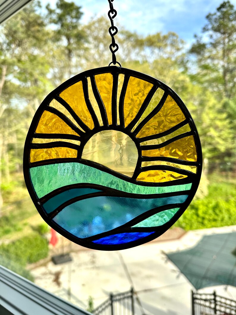 Brilliant Stained Glass Sunset on Ocean Suncatcher Nautical Sunset Waves on Beach Ray of Light image 3