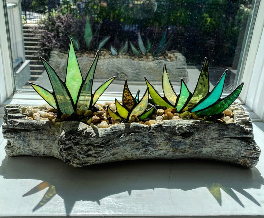 Stained Glass Aloe Agave Plants in 14” Log Centerpiece