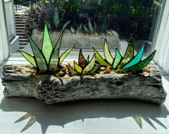 Stained Glass Aloe Agave Plants in 12” Log Centerpiece Planter | Unique Decor