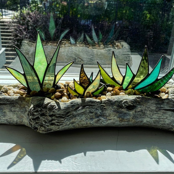 Stained Glass Aloe Agave Plants in 12” Log Centerpiece Planter | Unique Decor