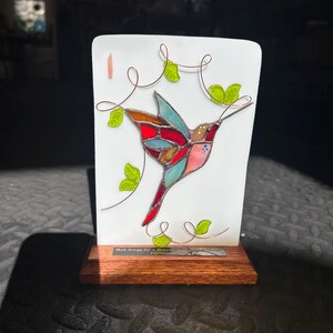 Handmade Stained Glass Mahjongg Mahjong Bird Bam Tile Trophy Award Plaque with Wooden Base image 3