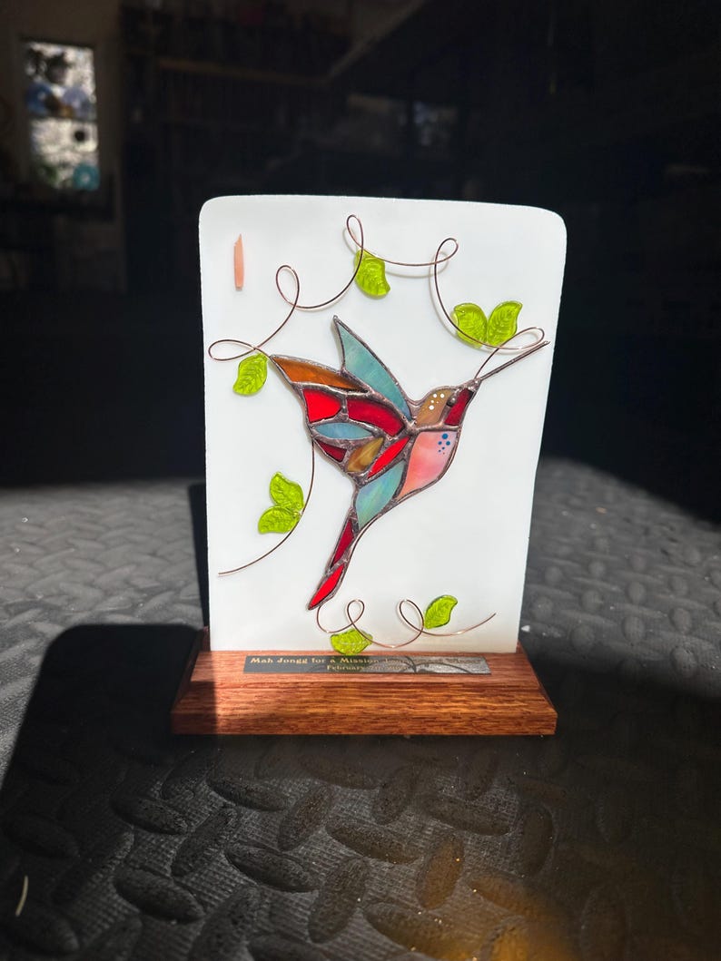 Handmade Stained Glass Mahjongg Mahjong Bird Bam Tile Trophy Award Plaque with Wooden Base image 3