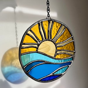 Brilliant Stained Glass Sunset on Ocean Suncatcher Nautical Sunset Waves on Beach Ray of Light LightGolds