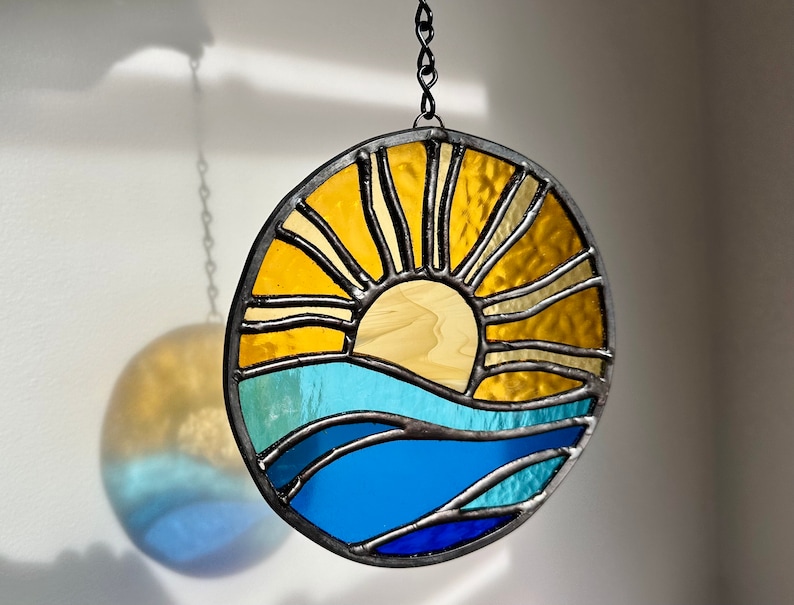 Brilliant Stained Glass Sunset on Ocean Suncatcher Nautical Sunset Waves on Beach Ray of Light LightGolds