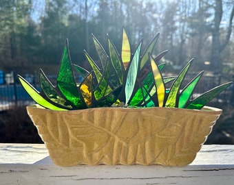 Beautiful Stained Glass Agave Potted Plant in Retro 1950s Mid Century Modern Leaf Motif Butterscotch Ripple Pottery Planter