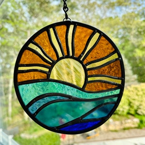 Brilliant Stained Glass Sunset on Ocean Suncatcher Nautical Sunset Waves on Beach Ray of Light image 4