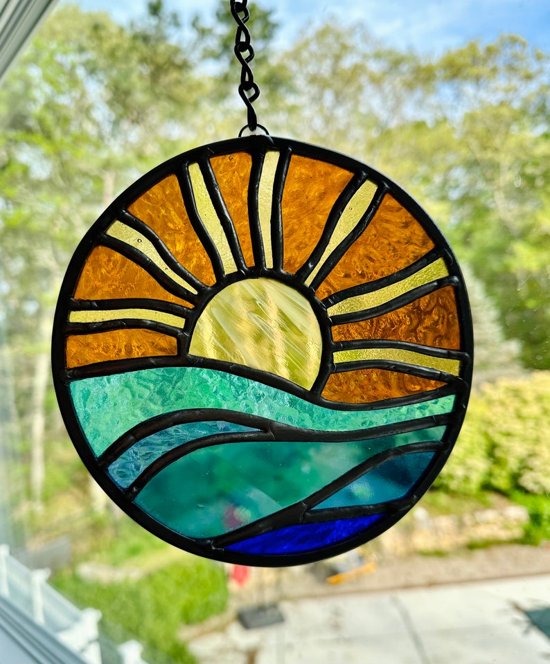 Brilliant Stained Glass Sunset on Ocean Suncatcher Nautical Sunset Waves on Beach Ray of Light image 4