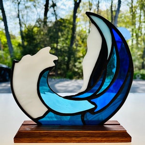 Gorgeous Art Glass Wave Sculpture in Wooden Base Sculpture Nautical Glass Art Piece image 3