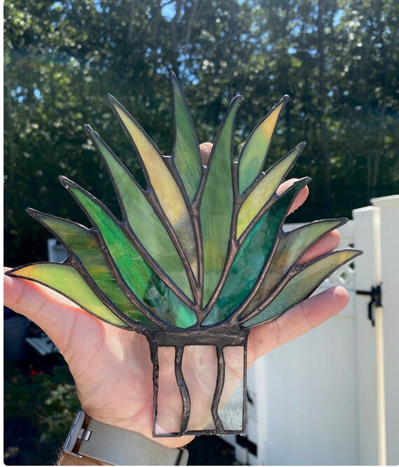 Stained Glass Aloe Agave Plants in Cylinder Log Centerpiece