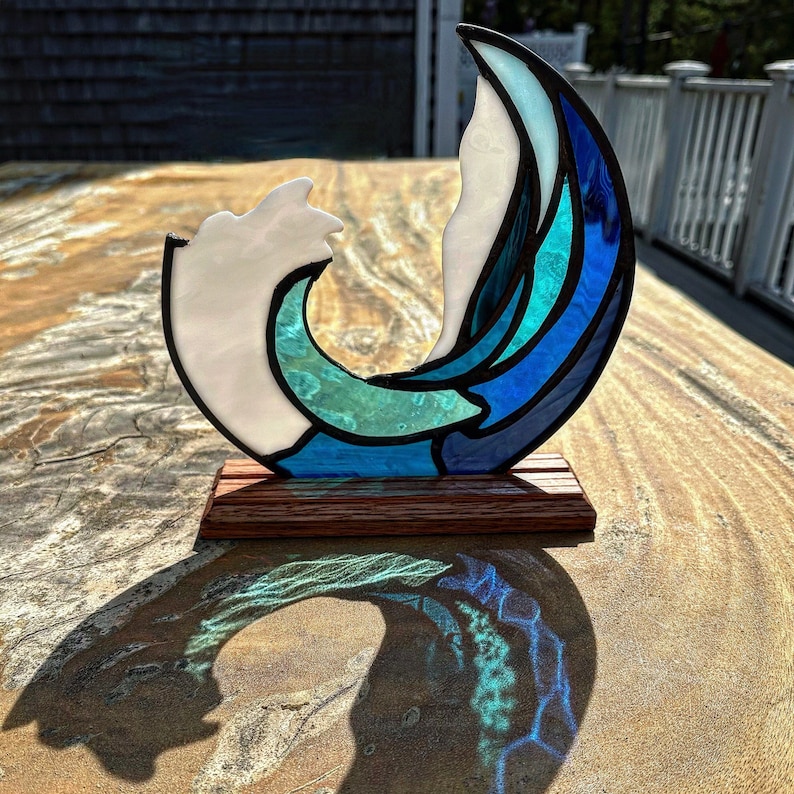 Gorgeous Art Glass Wave Sculpture in Wooden Base Sculpture Nautical Glass Art Piece image 1