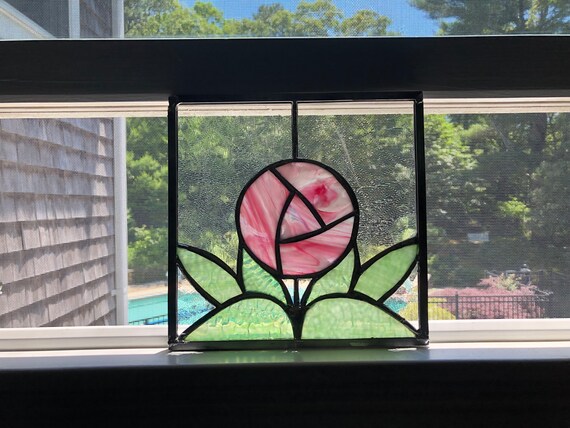 Stained Glass Art Deco Rose Floral Pink Window C Etsy