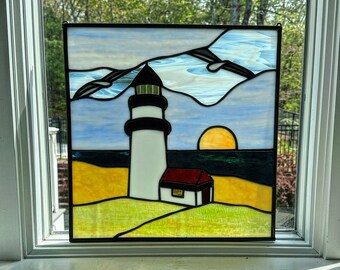 Gorgeous Stained Glass Square Lighthouse Window Seagulls | Beach Nautical Window | Ocean Landscape