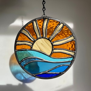 Brilliant Stained Glass Sunset on Ocean Suncatcher Nautical Sunset Waves on Beach Ray of Light Dark Golds