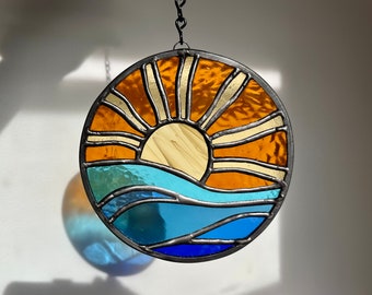 Brilliant Stained Glass Sunset on Ocean Suncatcher | Nautical Sunset Waves on Beach | Ray of Light
