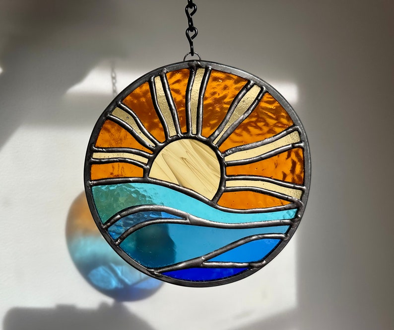 Brilliant Stained Glass Sunset on Ocean Suncatcher Nautical Sunset Waves on Beach Ray of Light Dark Golds