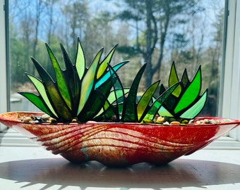 Amazing Stained Glass Agave Potted Plant in Retro 1950s Red Drip Glaze Gold Accent Pottery Planter Pot Centerpiece