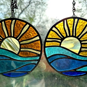 Brilliant Stained Glass Sunset on Ocean Suncatcher Nautical Sunset Waves on Beach Ray of Light image 2