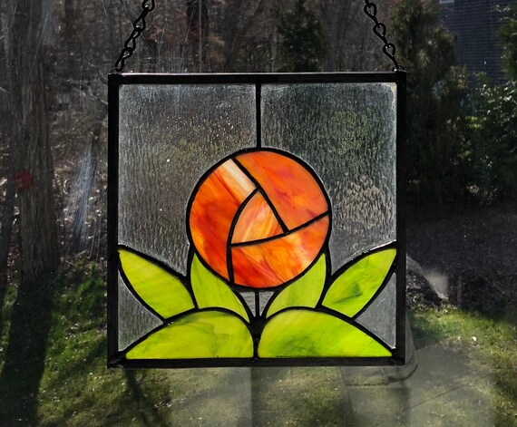 Stained Glass Art Deco Rose Floral Orange Window C Etsy Ireland