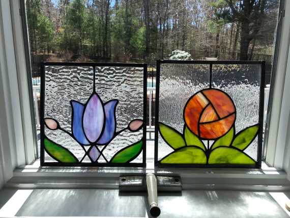 Stained Glass Art Deco Rose Floral Orange Window C Etsy