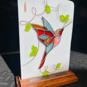 Handmade Stained Glass Mahjongg Mahjong Bird Bam Tile Trophy Award Plaque with Wooden Base image 1