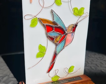 Handmade Stained Glass Mahjongg Mahjong Bird Bam Tile Trophy Award Plaque with Wooden Base