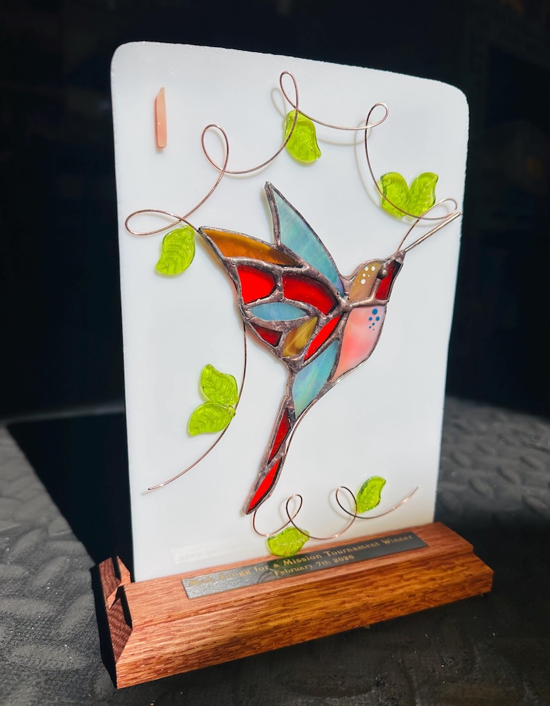 Handmade Stained Glass Mahjongg Mahjong Bird Bam Tile Trophy Award Plaque with Wooden Base image 1